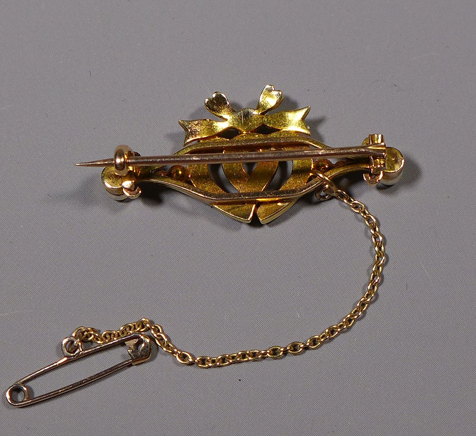 19th C. Antique 15 Carat Gold & Seed Pearl Entwined Heart Brooch back