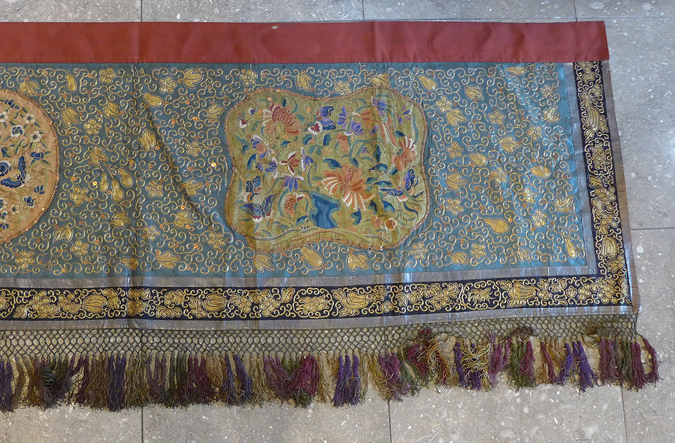 Thumbnail: Fine Large 19th C. Antique Chinese Silk Embroidery Panel Hanging Textile