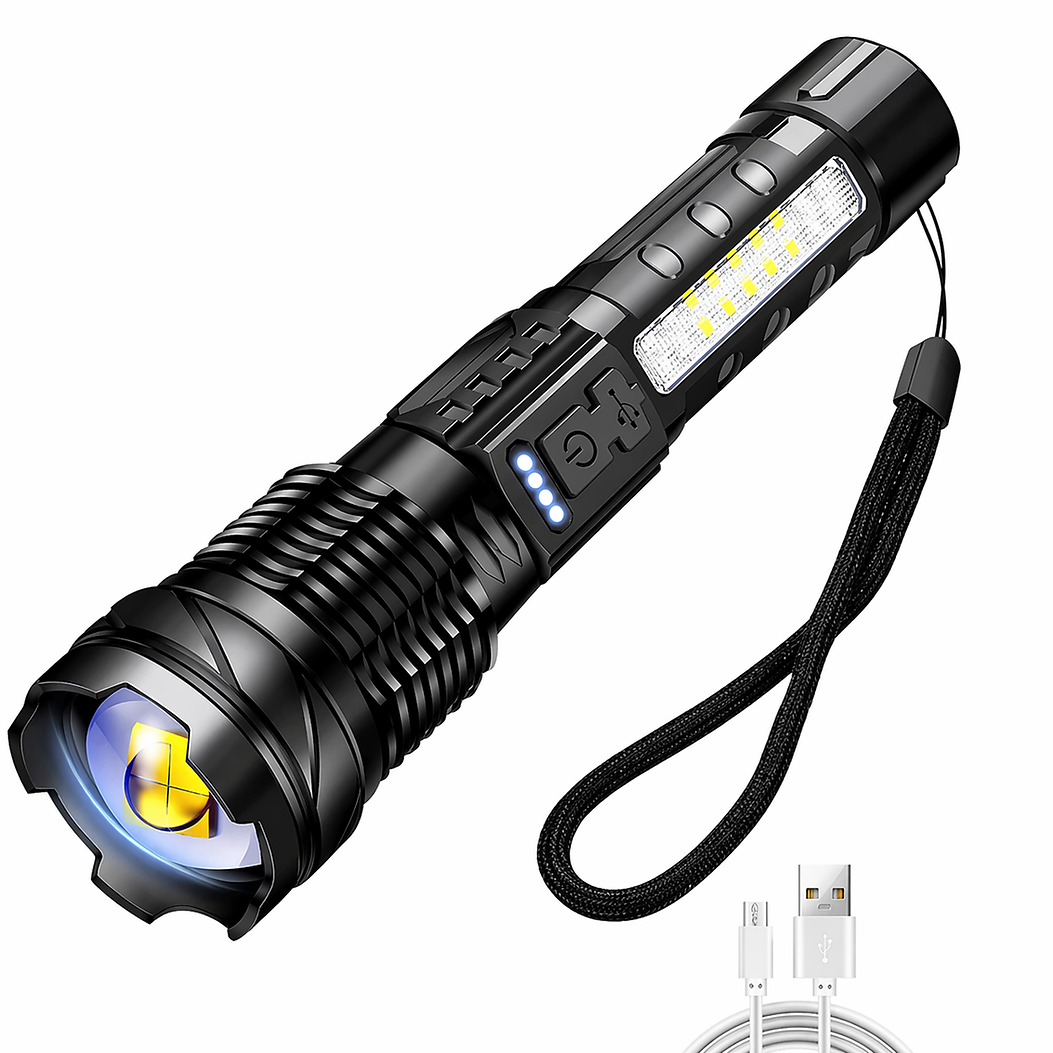 Linterna Titanium Laser Pro con muñequera y cable USB sobre fondo blanco