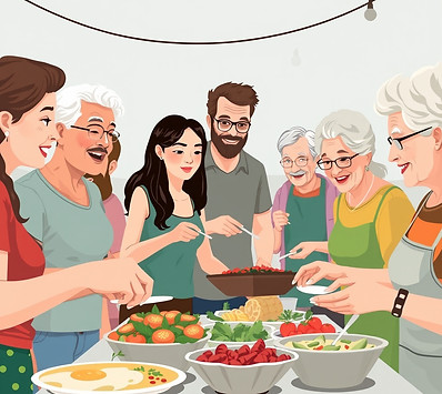 Young and old people of different races   and sexes picking food at vegan potluck.jpg