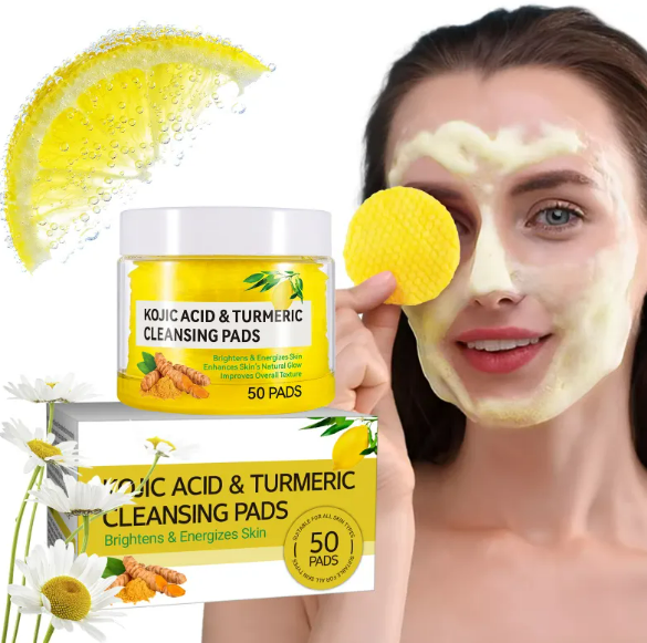 Woman using Turmeric Kojic Cleansing Pads for skincare.