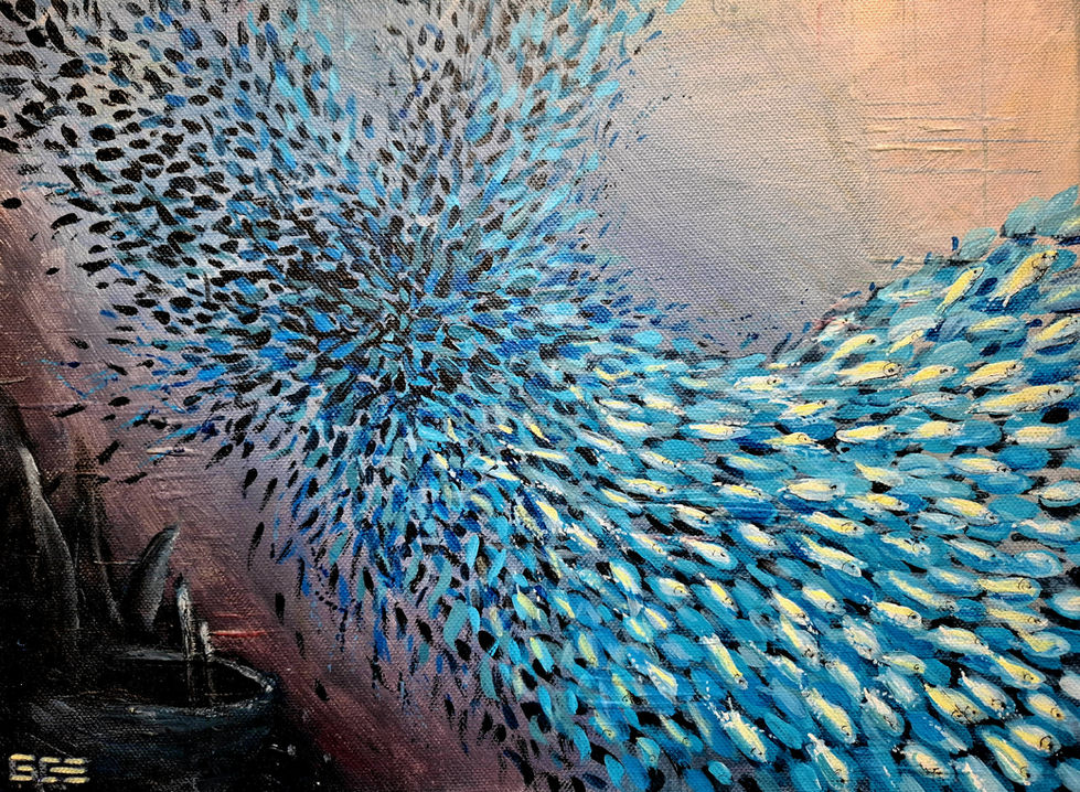 Tanzender Fischschwarm im tiefem Meer