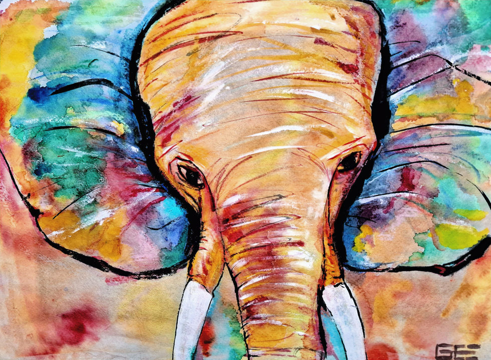 Ein bunter Elefant schaut mit ruhigem Blick in die Kamera. Tusche auf Reispapier
