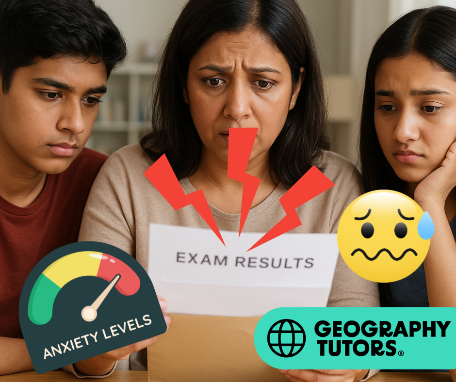 Three people look worried at exam results. Anxiety symbols and Geography Tutors logo. Red lightning and emoji add tension.