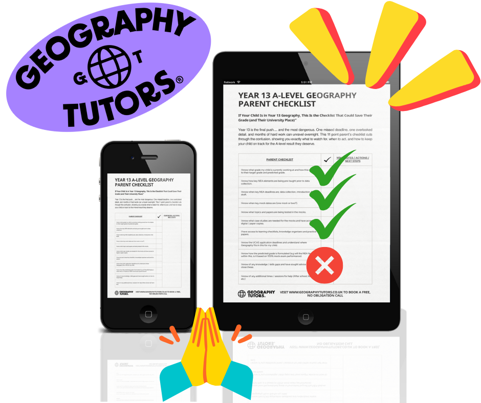 Phone and tablet display a "Year 13 A-Level Geography Parent Checklist." Large checkmarks and an X indicate completion. Vibrant design with purple and yellow.