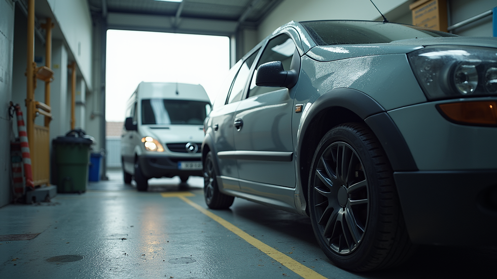Eye-level view of a mobile detailing van parked beside a car