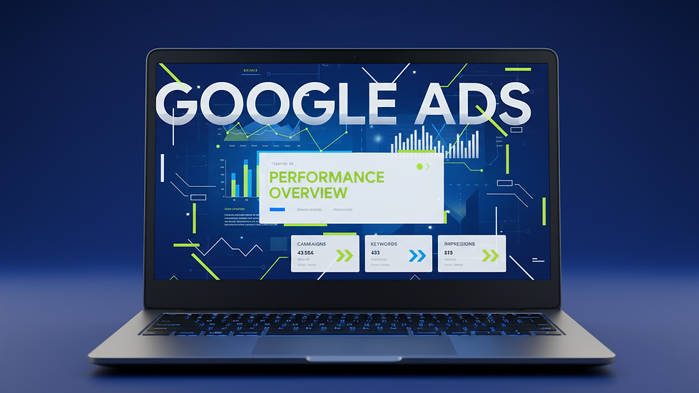 Eye-level view of a laptop screen showing Google Ads dashboard