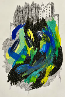 Imaginary illustrated floating world with geometric circles, houses, trees and colours painted with watercolour paints and drawn with fine-liner pens