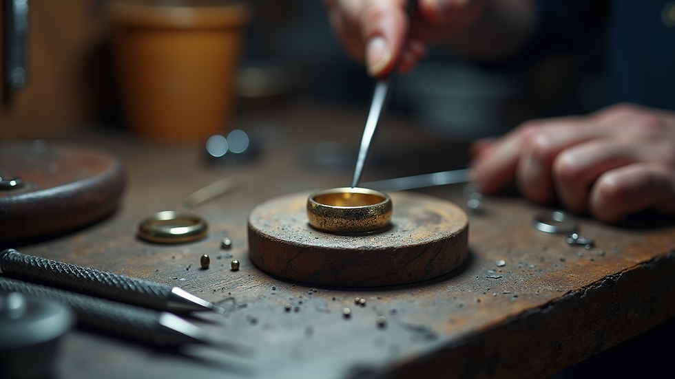 Close-up view of a jeweler’s workbench with tools and a ring being repaired