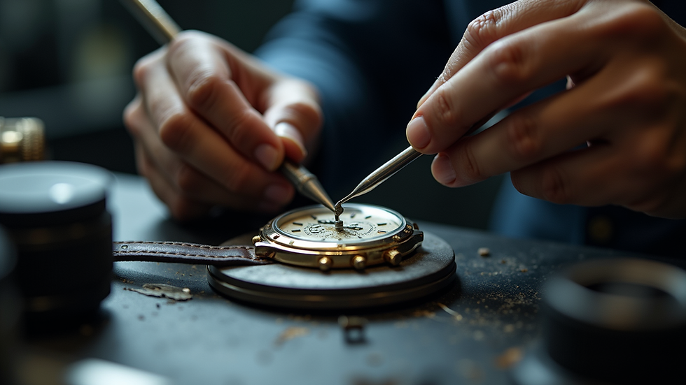 Eye-level view of a watchmaker repairing a wristwatch with precision tools
