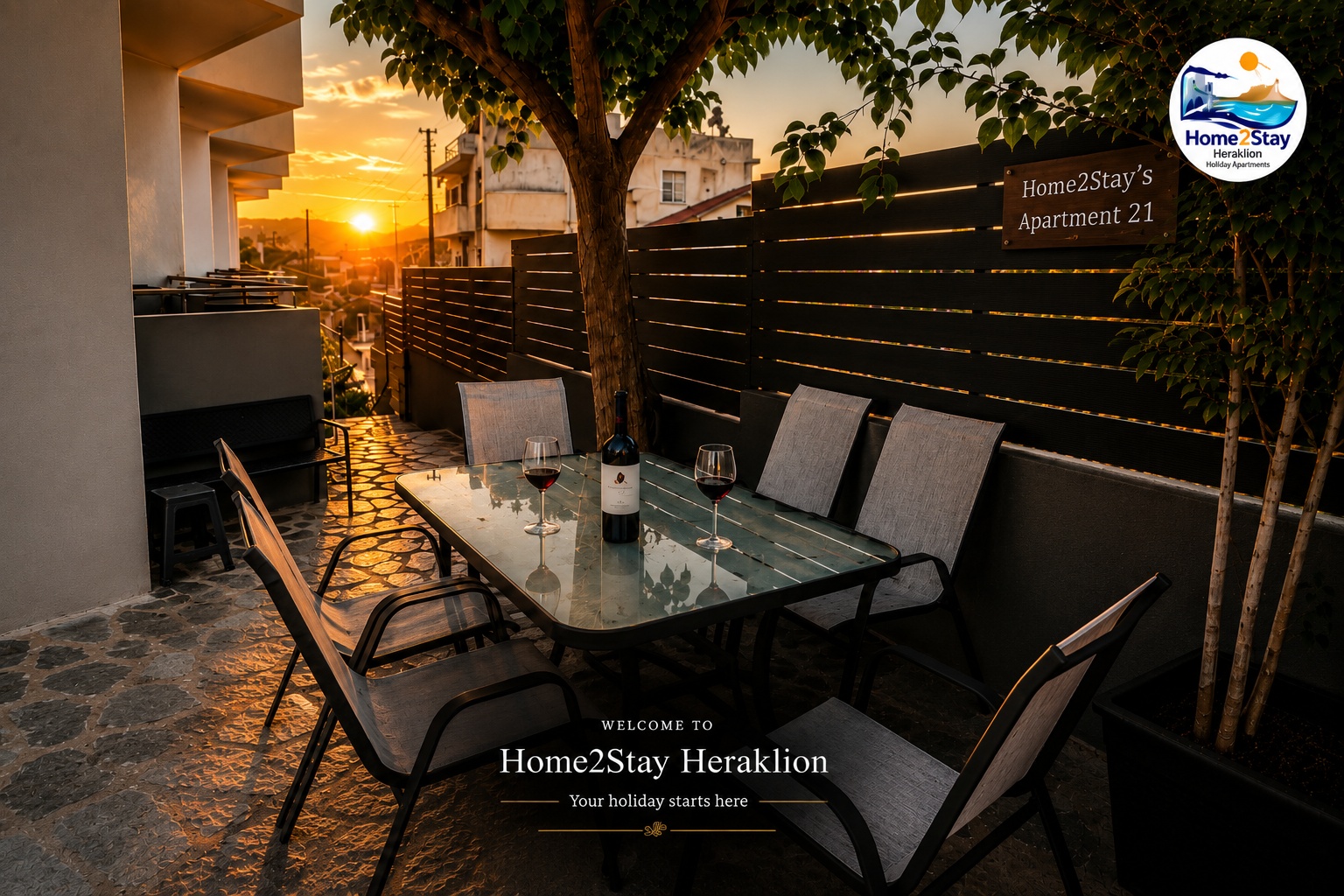 Home2Stay Heraklion apartment 21 patio at sunset