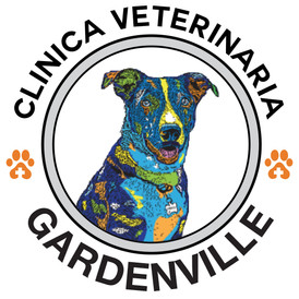 Clínica Veterinaria Gardenville logo with dog and save on pet health, PR Vet.