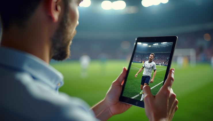 Close-up view of a football fan watching a Smart Video on a tablet
