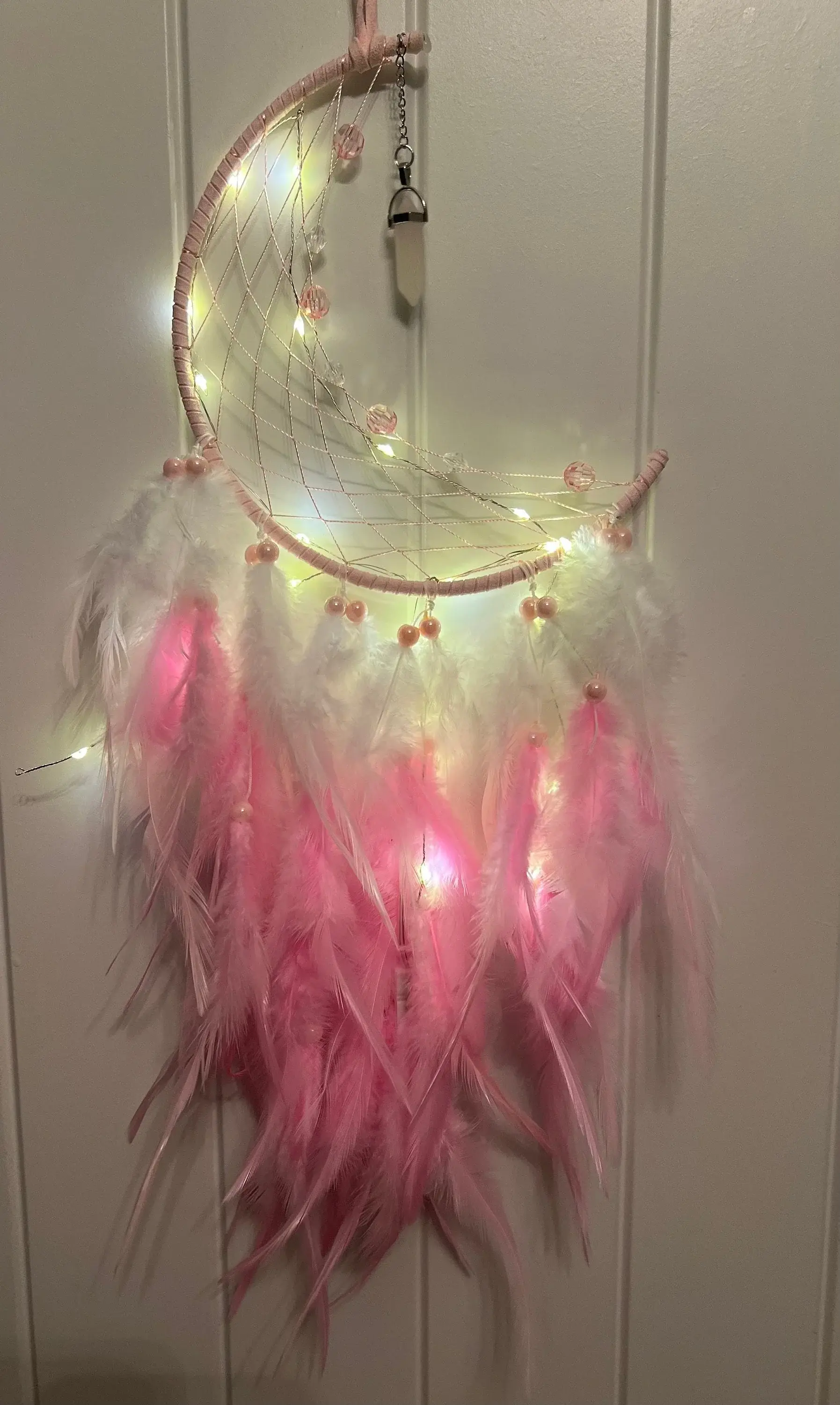 Activated Pink Dream Catcher | Crescent Moon With Feathers | Lights | Quartz