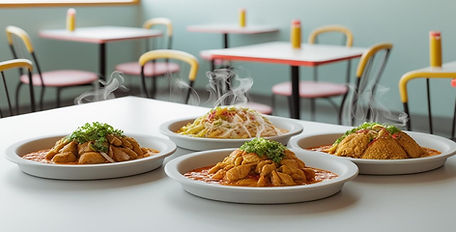 on top of empty fast food restraunt tables with empty chairs - with Panamian food steaming