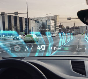 Futuristic Autonomous Self-Driving Concept Car Moving Through City, Head-up Display HUD Sh