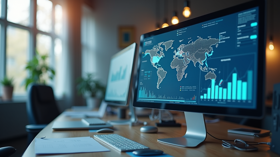 Eye-level view of a modern office with computers and digital marketing charts