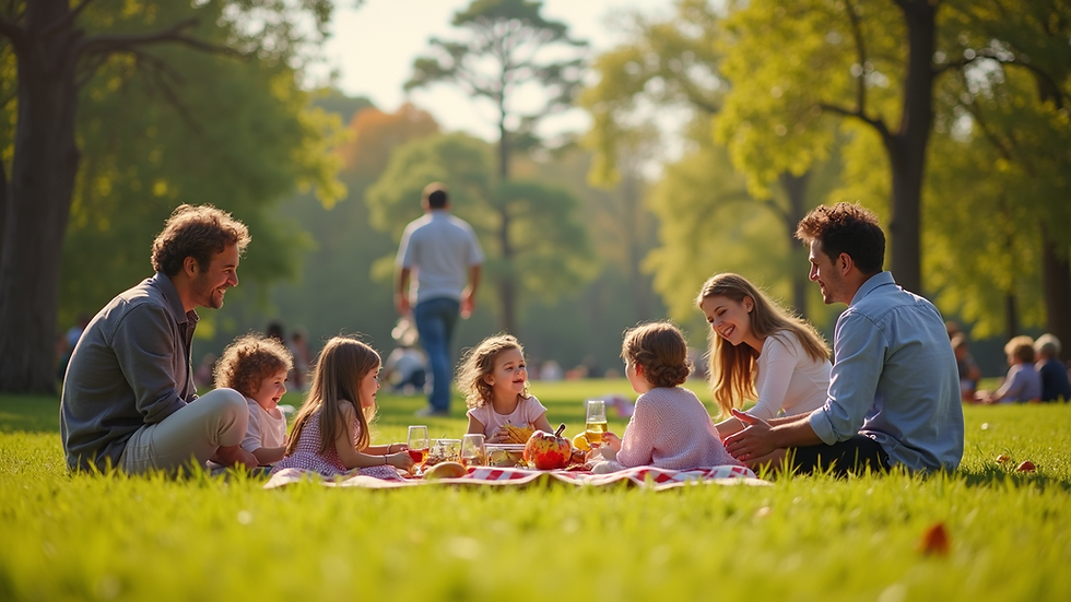Wide angle view of a vibrant park filled with families enjoying a picnic