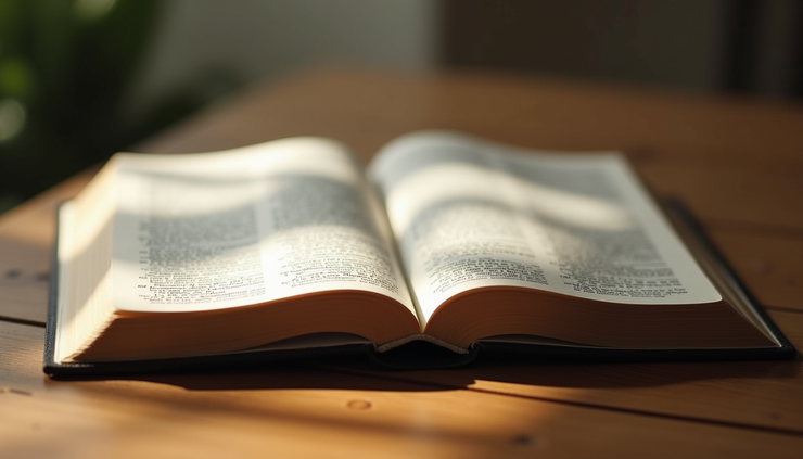 Eye-level view of an open Bible resting on a wooden table with soft natural light