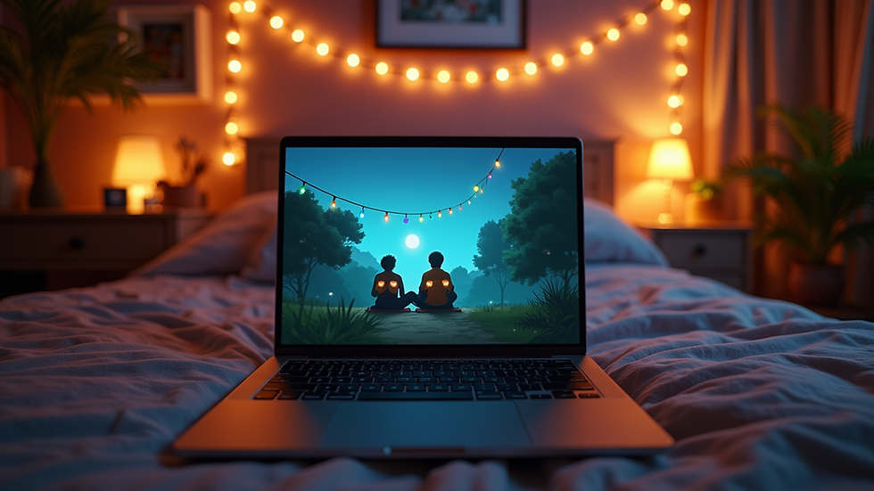Eye-level view of a laptop set up for a virtual family game night