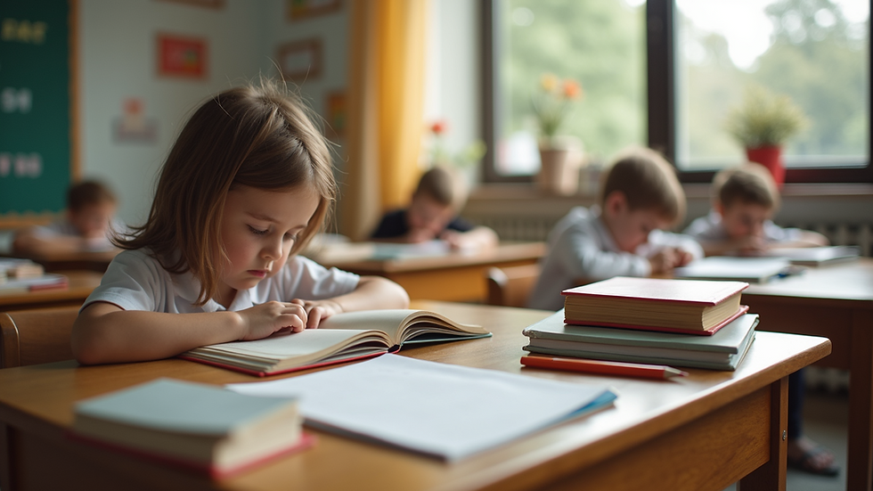 High angle view of a classroom with children's educational materials