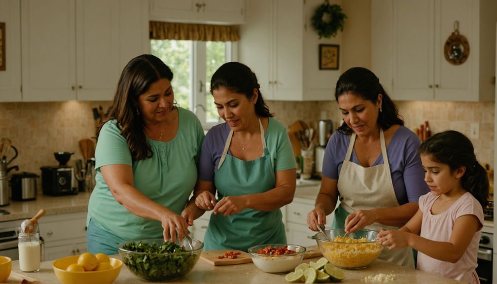 High angle view of a family engaging in a cooking challenge in the kitchen