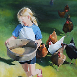 fine art, maine art, new england art, oil painting, farm life, chickens, maine gallery, gallery show, art agent maine, gay freeborn artist