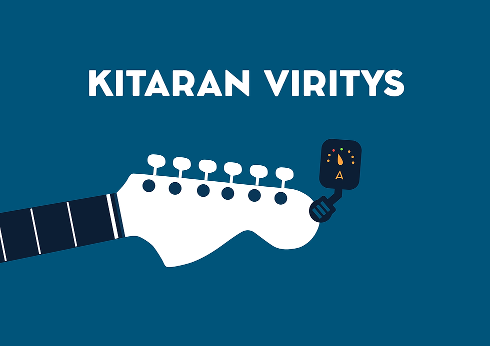 Kitaran viritysmittari kiinni kitaran lavassa, ylhäällä lukee teksti kitaran viritys