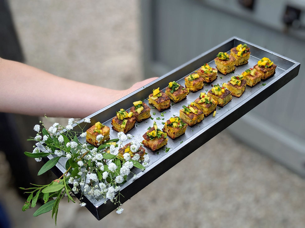 One of our popular vegetarian canapés - sweetcorn fritters with mango and chili salsa