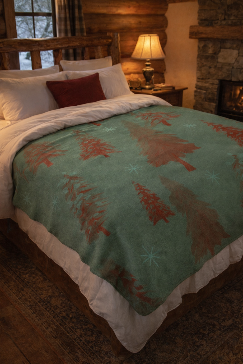 Red Trees, Sherpa Fleece Blanket - Sherpa 2 Sided Woodland Blanket, Silk