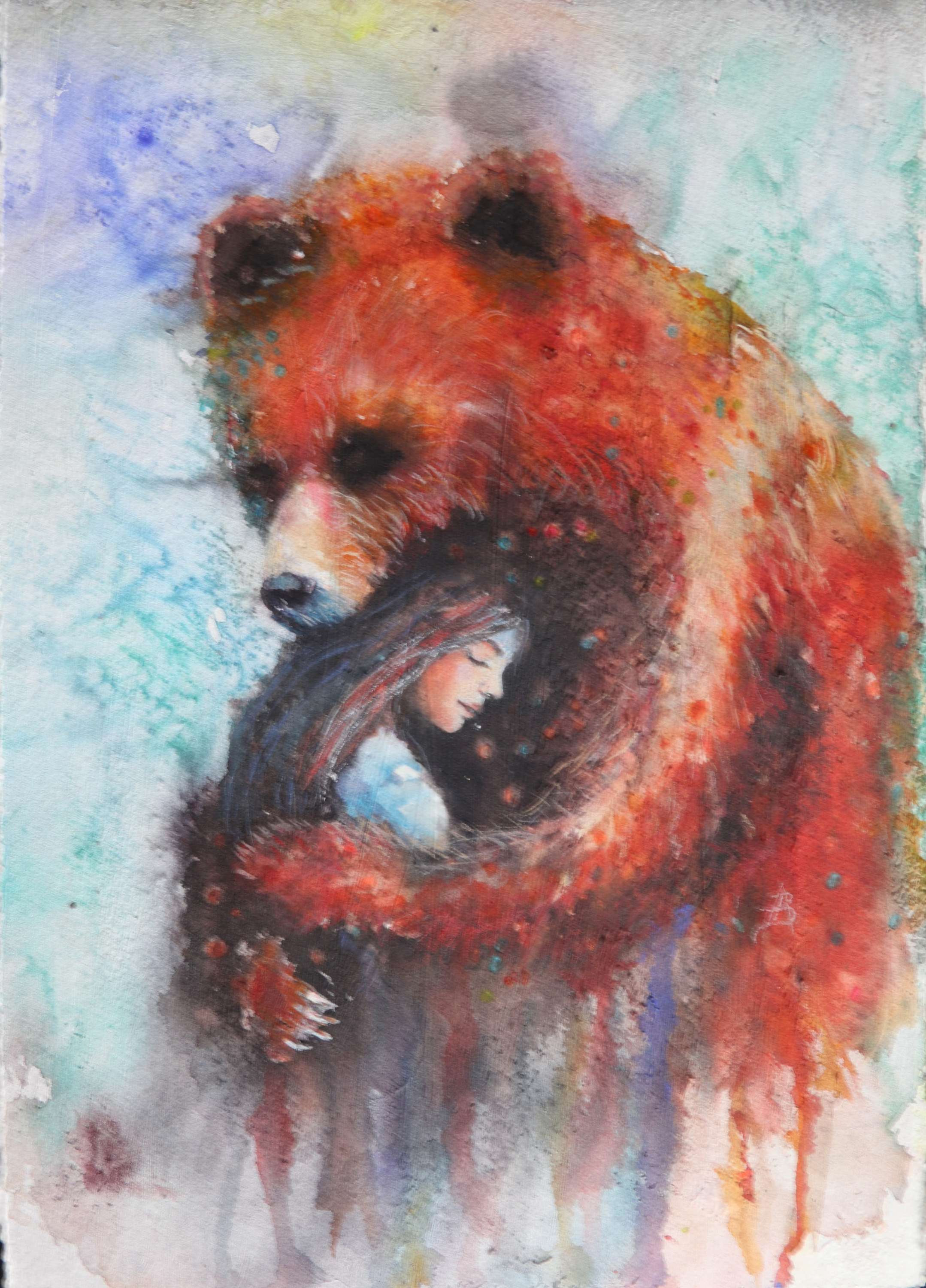 "Bear Hug" Original watercolour in white frame double mount