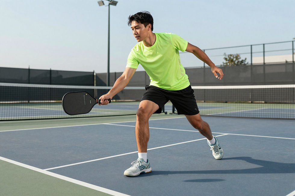 Pickleball player using a modern paddle on an outdoor pickleball court with a kitchen line and net.