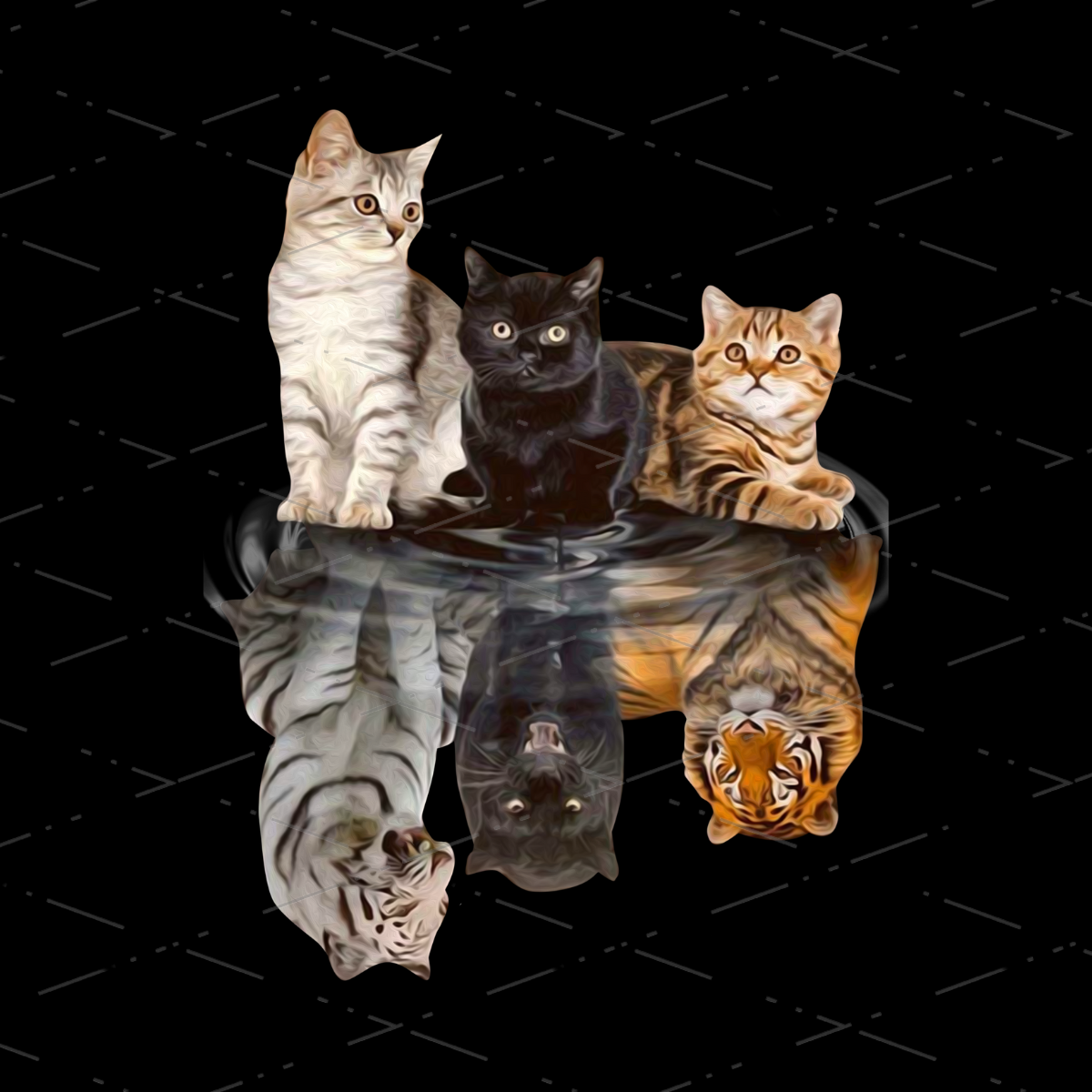 Don't Give Up Three Cats Reflection Tiger Reflection Of Kitties Pets Black Cat, Black, White, Orange sublimation design