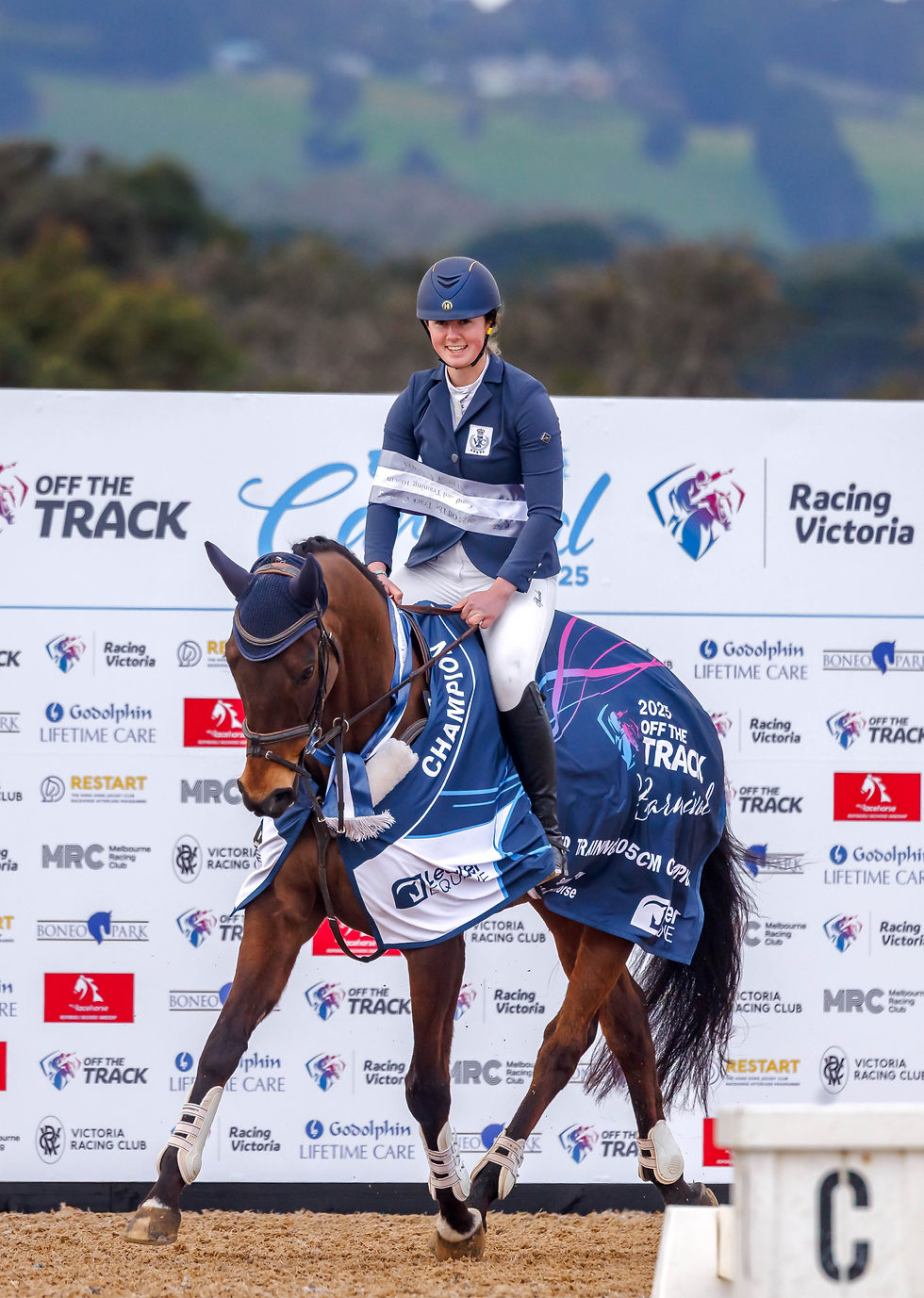 ABOVE: A victory lap for the winners of the 105cm combined training championship Imogen Bergin and Prince Alfred. Picture: ONE-EYED FROG