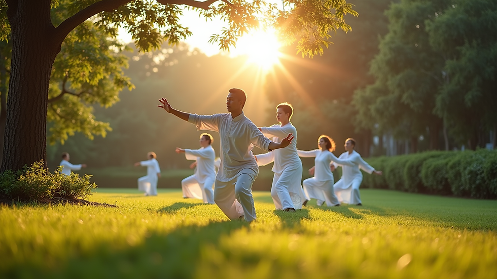 Eye-level view of a peaceful park in Sunrise, FL with Tai Chi practitioners