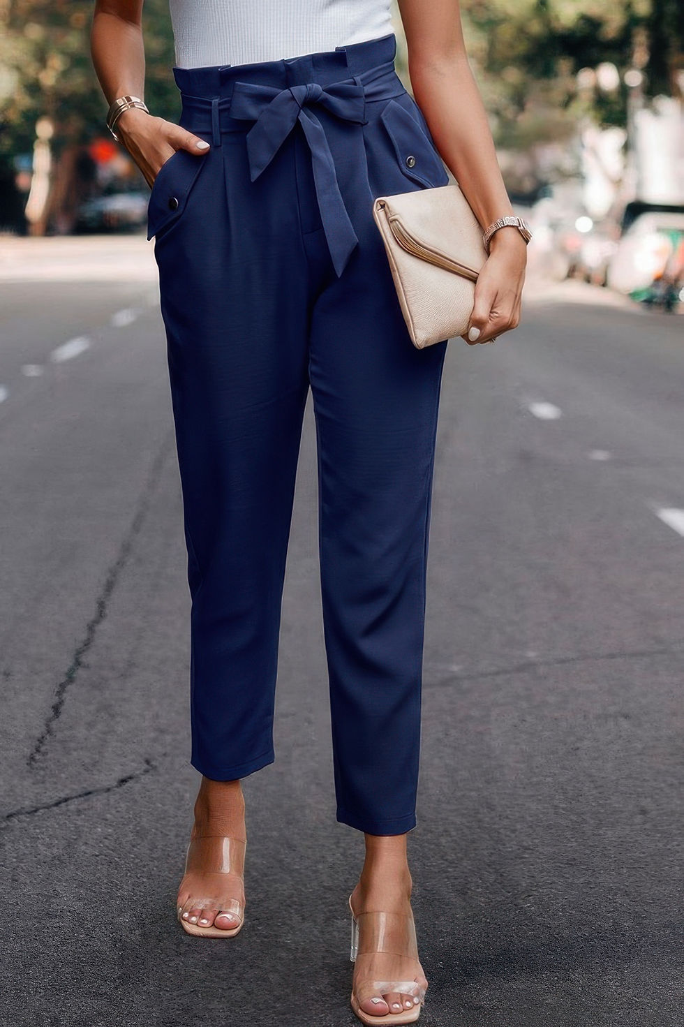 Thumbnail: Ruffle Belt Pocket Solid Skinny Pants