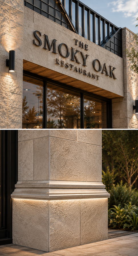The Smoky Oak modern restaurant architecture with natural stone and expansive glazing