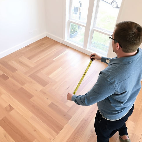 on site evaluation of wood flooring with one  person measuring the space.jpg