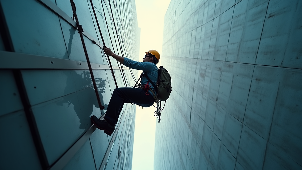 Eye-level view of a technician performing rope access maintenance on a high-rise building