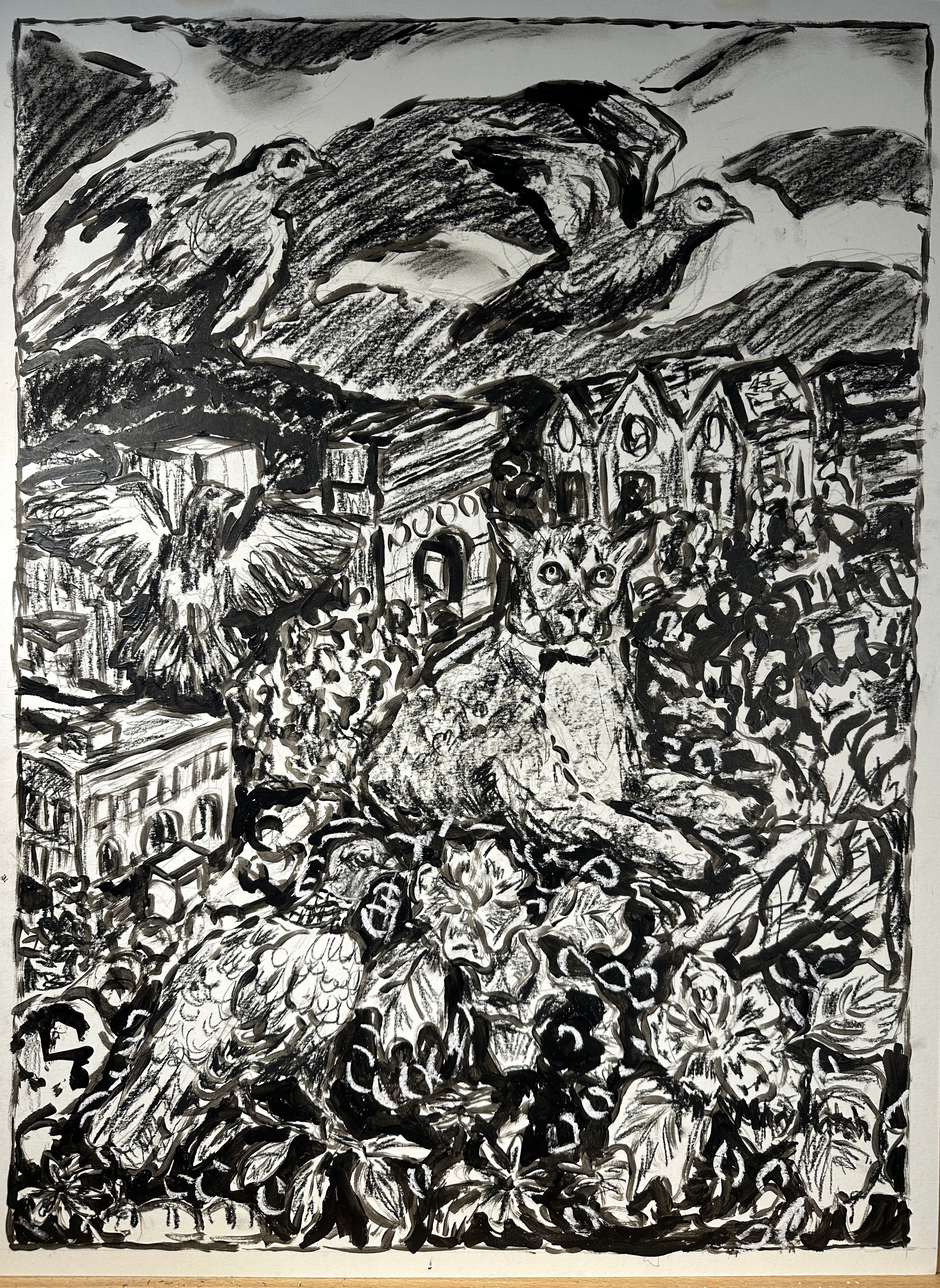 Mountain Lion and Pigeon Travels Landscape - Monotone