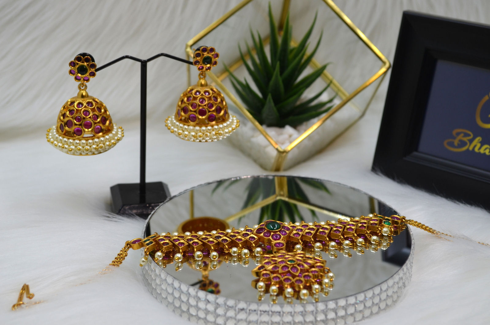 Pink Kempu Stone Necklace and large Jhumkas