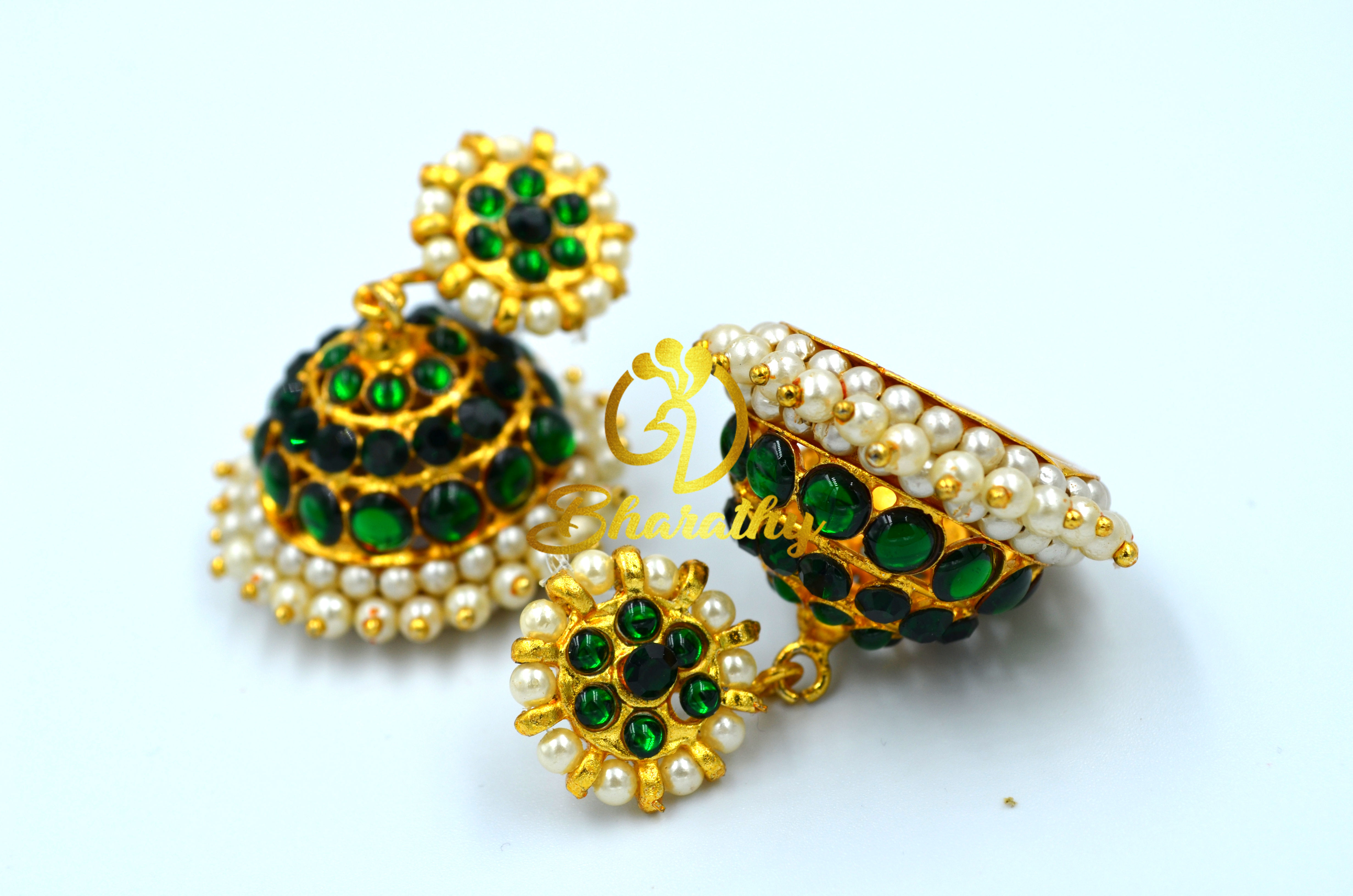 Green Kempu Stone Jhumkas - Medium Size