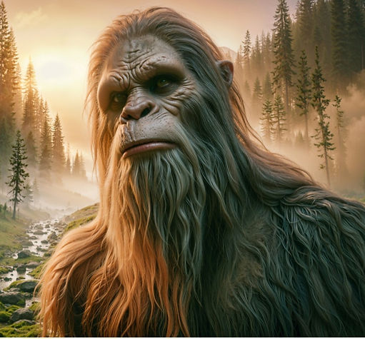 A large, mythical creature with long fur stands in a misty forest. Pine trees and a flowing river create a peaceful, mysterious setting.