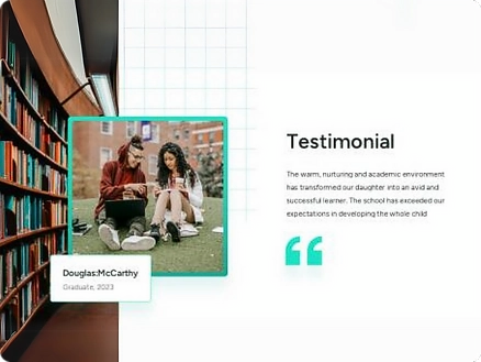 A testimonial slide featuring a student success story, with a photo of two students on campus and supporting quote text on the right for Newrite case study and testimonial presentation design service.