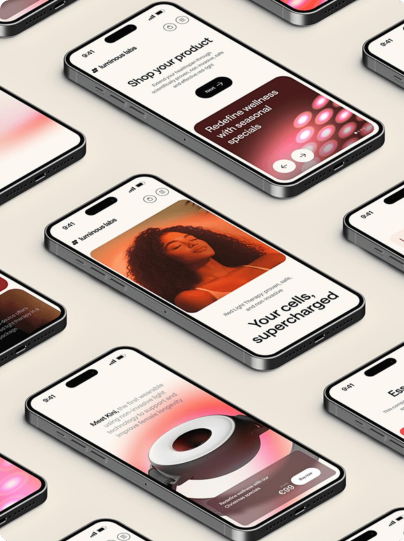 Multiple smartphones displaying a wellness brand's social media collateral, featuring product showcases, lifestyle imagery, and promotional content on sleek, modern screens for Newrite social media collateral creation service.