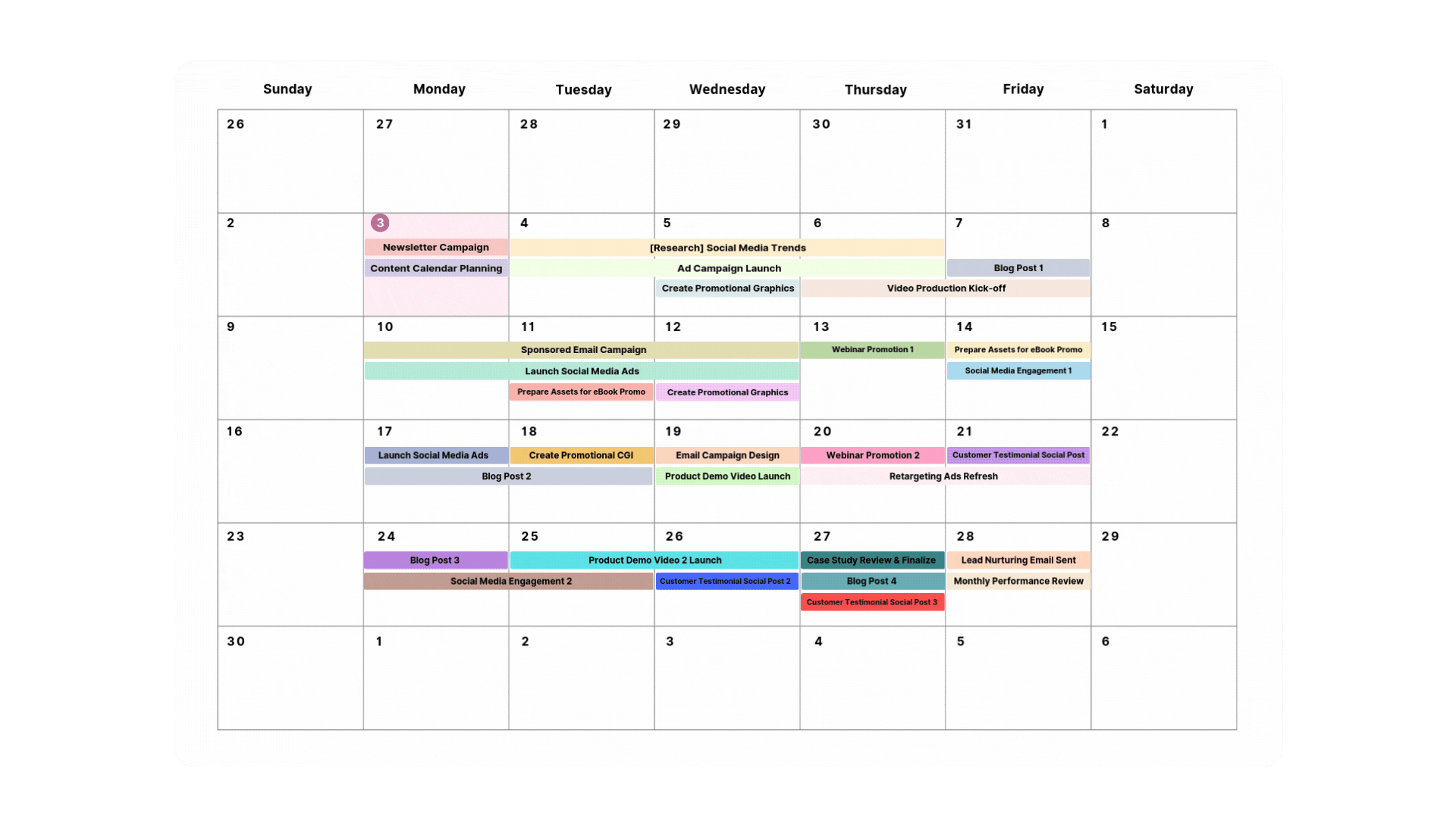 An example of a monthly content calendar co-created by Newrite and a client to plan campaigns and publishing schedules.