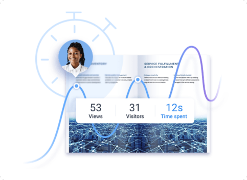 Animated video showing engagement metrics on a digital report, with dynamic charts, a user avatar, and visualized data like views, visitors, and time spent for Newrite animated ebooks and digital report production service.