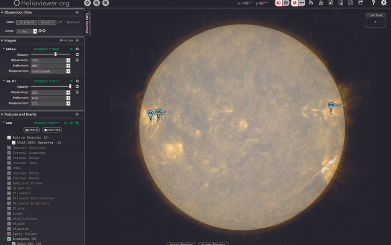 Capture d’écran du site Helioviewer montrant le Soleil en teintes claires au centre, avec plusieurs marqueurs indiquant des taches solaires.
