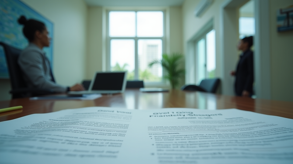 Eye-level view of a Barbadian office building with financial documents on a desk