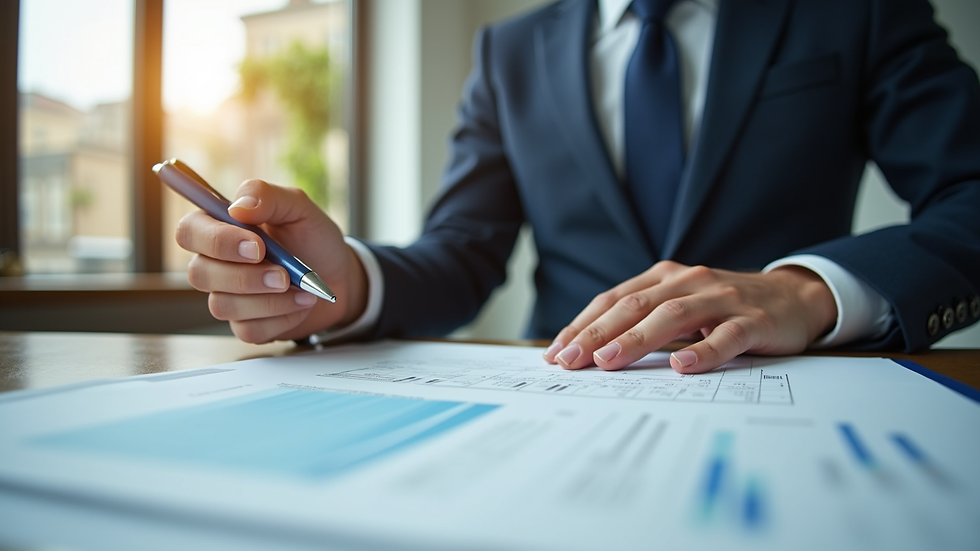 Eye-level view of an auditor reviewing financial documents in an office